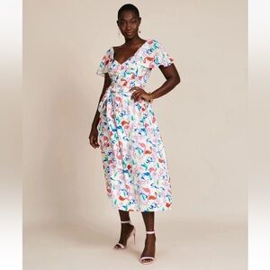 NWT Tanya Taylor Tiegan Flamingo Print Silk Short Sleeve Midi Dress Size 22